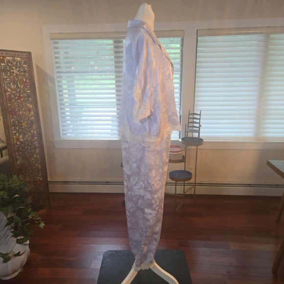 VTG Christian Dior Floral Lace Bow Satin Negligee Pajama Set Light Blue Large - Picture 2 of 15